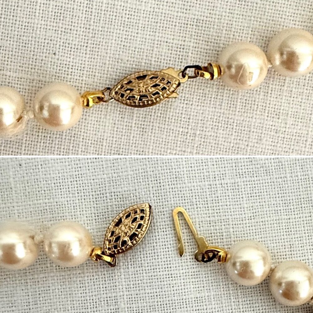 Vintage 1980s Hand Knotted Faux Pearl Necklace Set 14K GF Clasp 30in - Picture 3 of 16